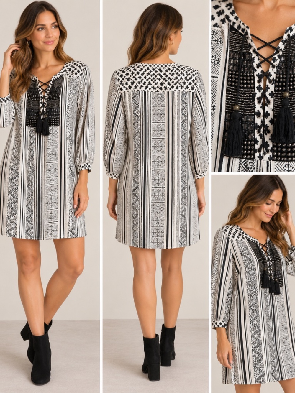 Mango XL Black White Boho Tunic Dress Beaded Lace Up Tassel Tribal Geometric